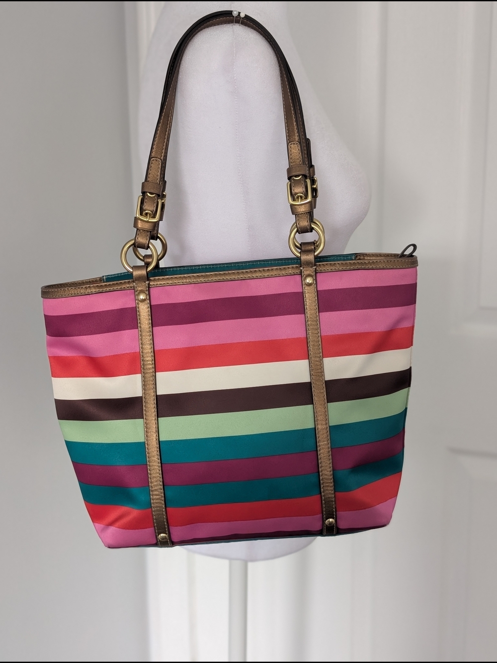 Coach Legacy Stripe Multicolored Sateen Tote with Metallic Leather Trim - Picture 2 of 9